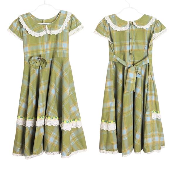 1970s Nostalgic Plaid Eyelet Lace Girls Dress Size 10 - Picture 1 of 12